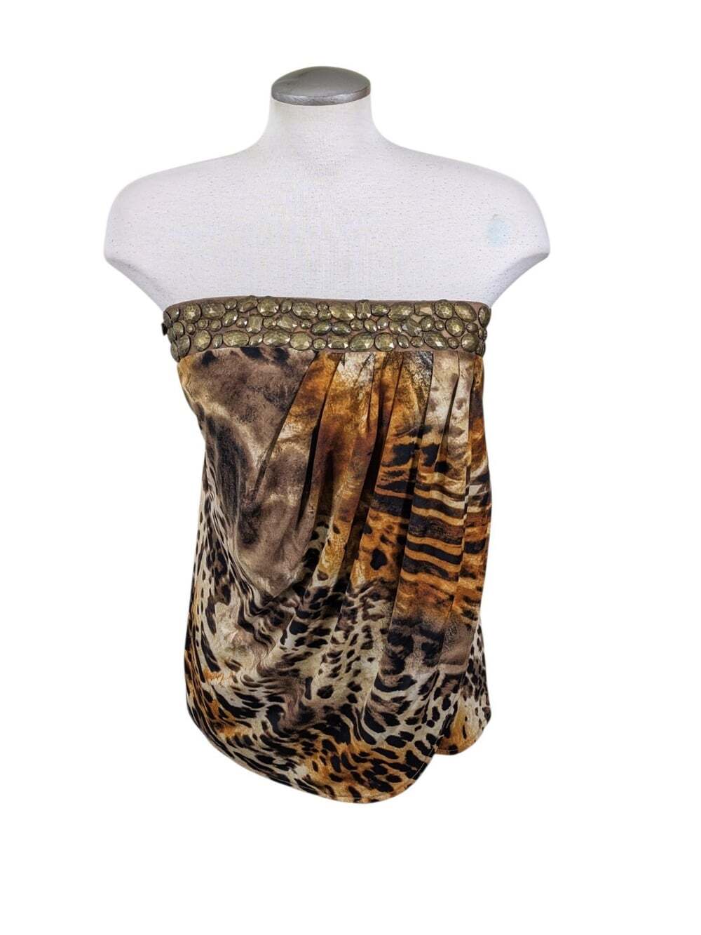 Vintage Y2K Cache Leopard Animal Print Draped Tube Top S Strapless Embellished